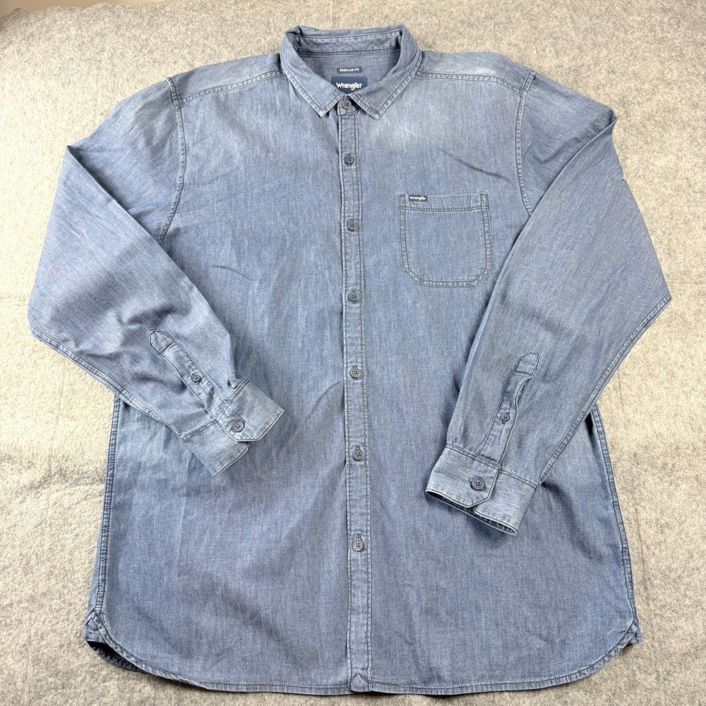 Wrangler Mens XXL Regular Fit Long Sleeve Shirt Chambray Casual Work Wear